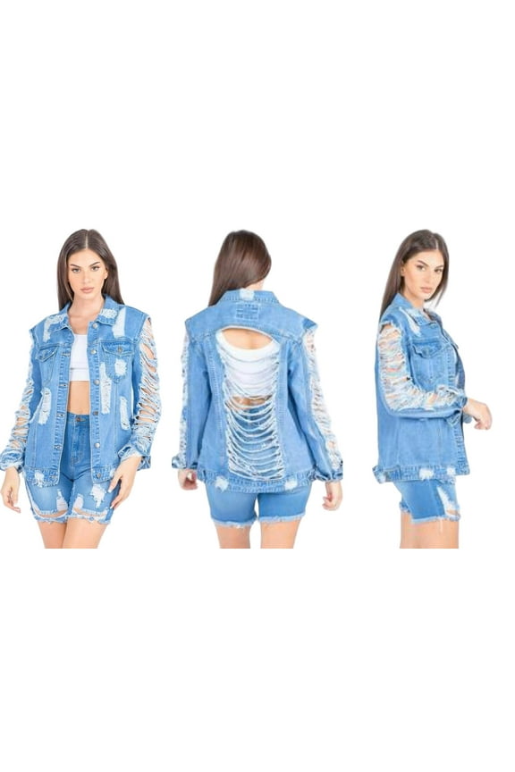 BRAND NEW LADIES DISTRESSED ALL OVER DENIM JACKETS SIZE -M  WITH FREE SHIPPING