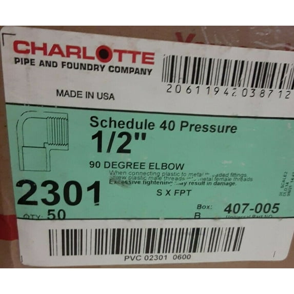 BRAND NEW charlotte sch 40 90 degree elbow 2301, 407-005 ( 2 BOX 0F 50 PIECES )