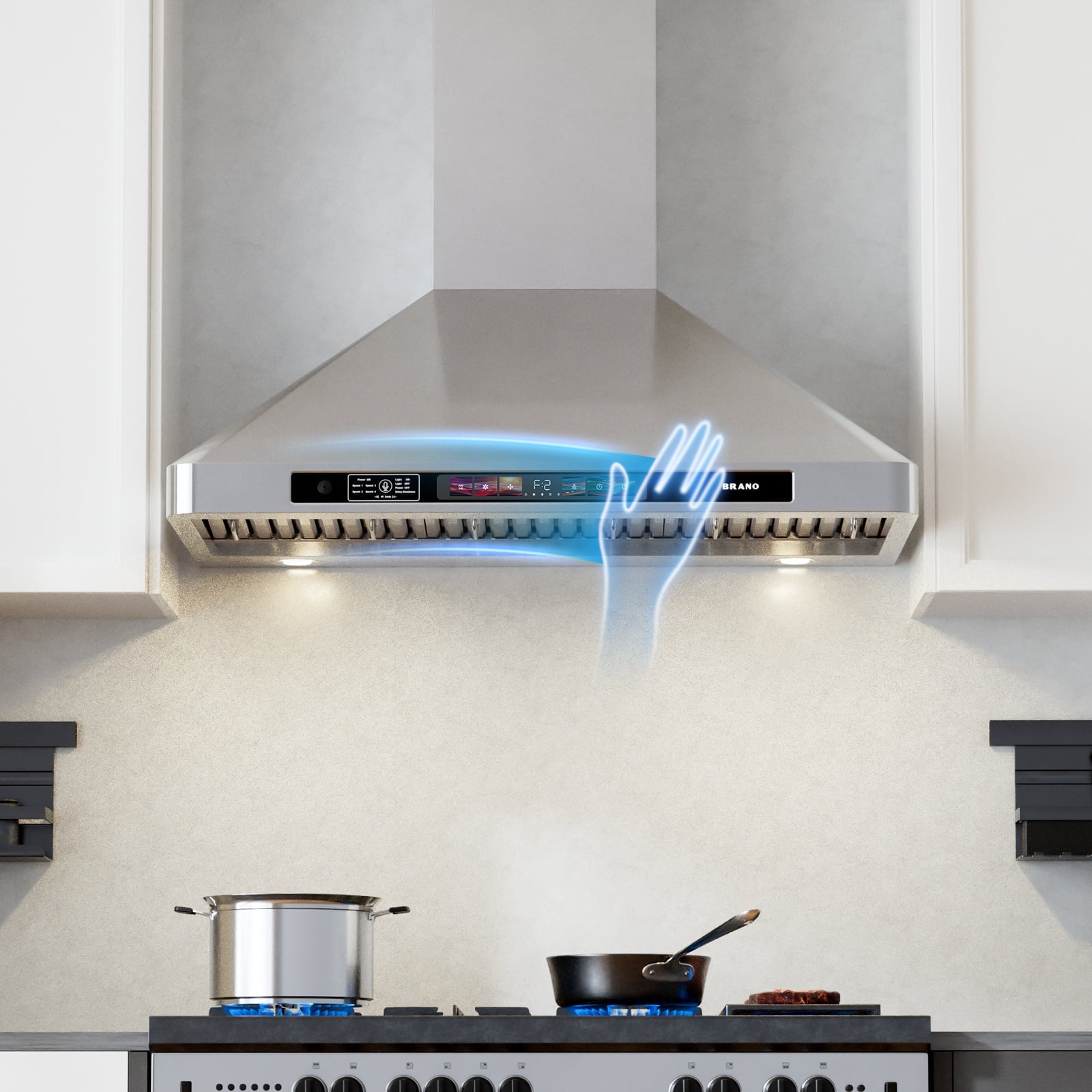 BRANO 30-Inch Wall-Mount Range Hood, 900CFM Powerful Suction, Stainless Steel Body,  Voice/Gesture/Touch Control,   Convertible Ducted/Ductles