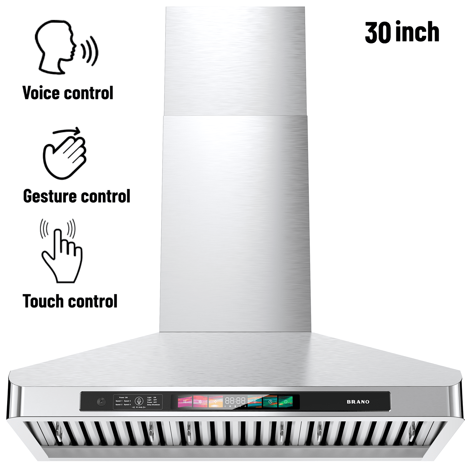 Brano 30-Inch Canopy Range Hood, Wall Mount, 900 CFM, 4-Speed Exhaust Fan, Stainless Steel, LED Lights, Memory Mode