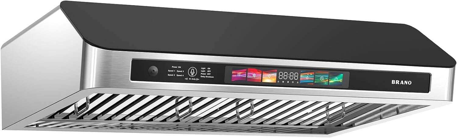 BRANO 36 Inch Under Cabinet Range Hood with Voice/Gesture/Touch Control, 900 CFM Kitchen Hood Vent with 4-Speed Exhaust Fan, Memory Mode, Adjustable Lights, Baffle Filters