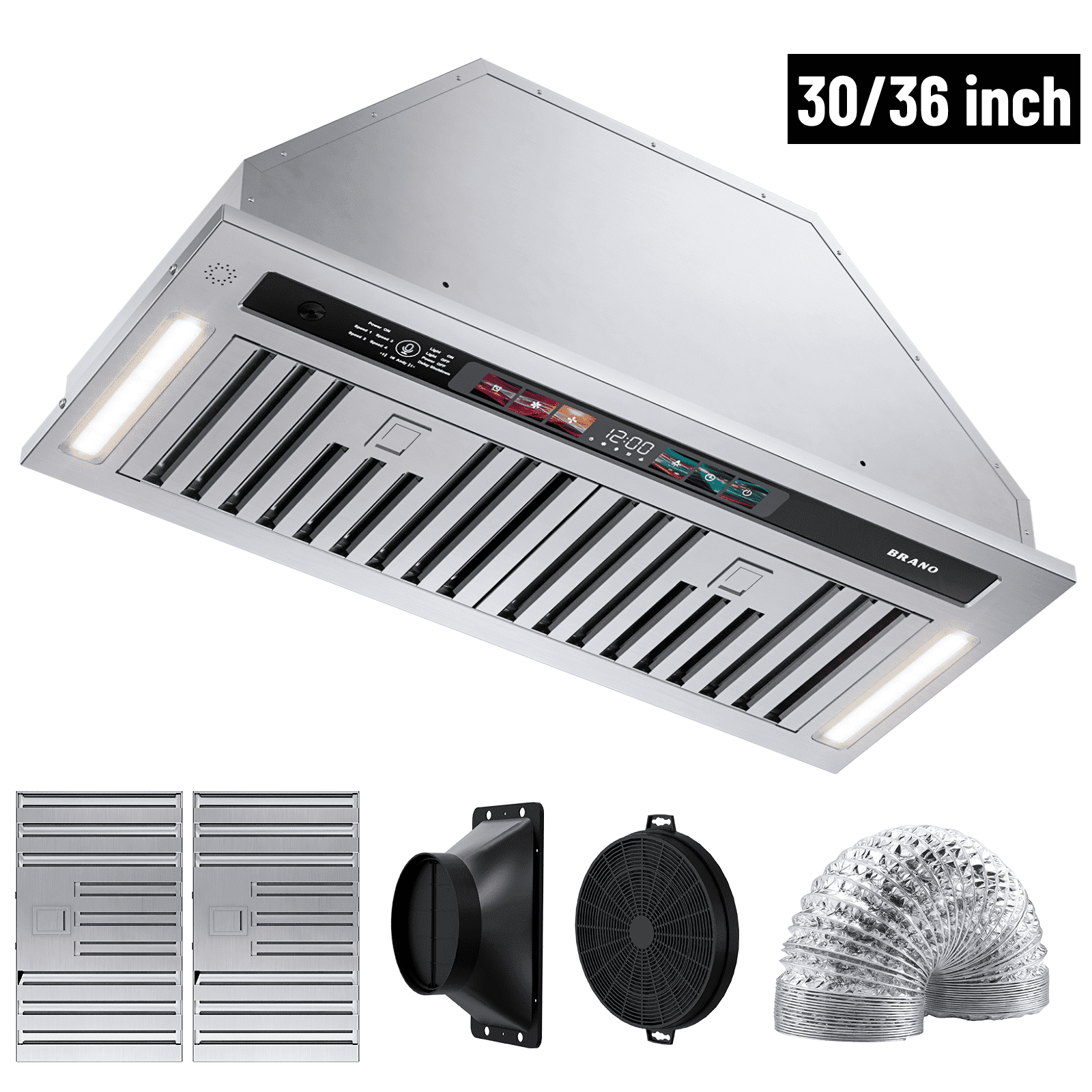 BRANO 36 Inch Stainless Steel Range Hood Insert,900 CFM Smart Voice/Gesture/Touch Control,with 4 Speed Exhaust Fan
