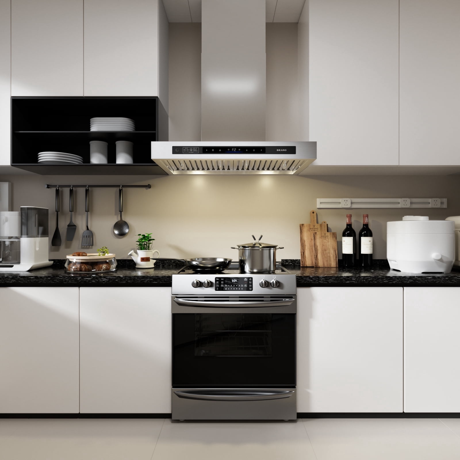 BRANO  36"  Wall Mount Range Hood, 1000 CFM DC Motor Stainless Steel Kitchen Vent Hood with Touch, Gesture & Voice Control, LED Lighting, Dishwasher-Safe Baffle Filters