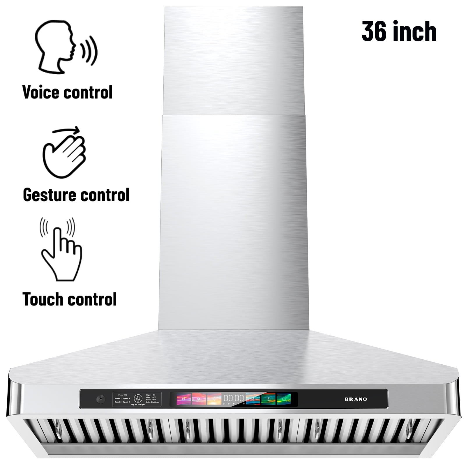 BRANO 36 inch Wall Mount Range Hood,900 CFM Stove Vent Hood with Voice/Gesture/Touch Control,Stainless Steel Kitchen Hood Vent with 4 Speed Exhaust Fan, LED Adjustable Lights, Memory Mode