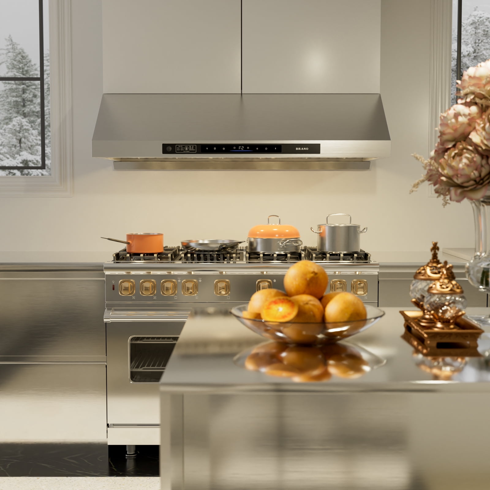 BRANO  42" Under Cabinet Range Hood, 1200 CFM, Brushless DC Motor, 6-Speed, Voice & Motion Control, Stainless Steel, LED, Baffle Filters
