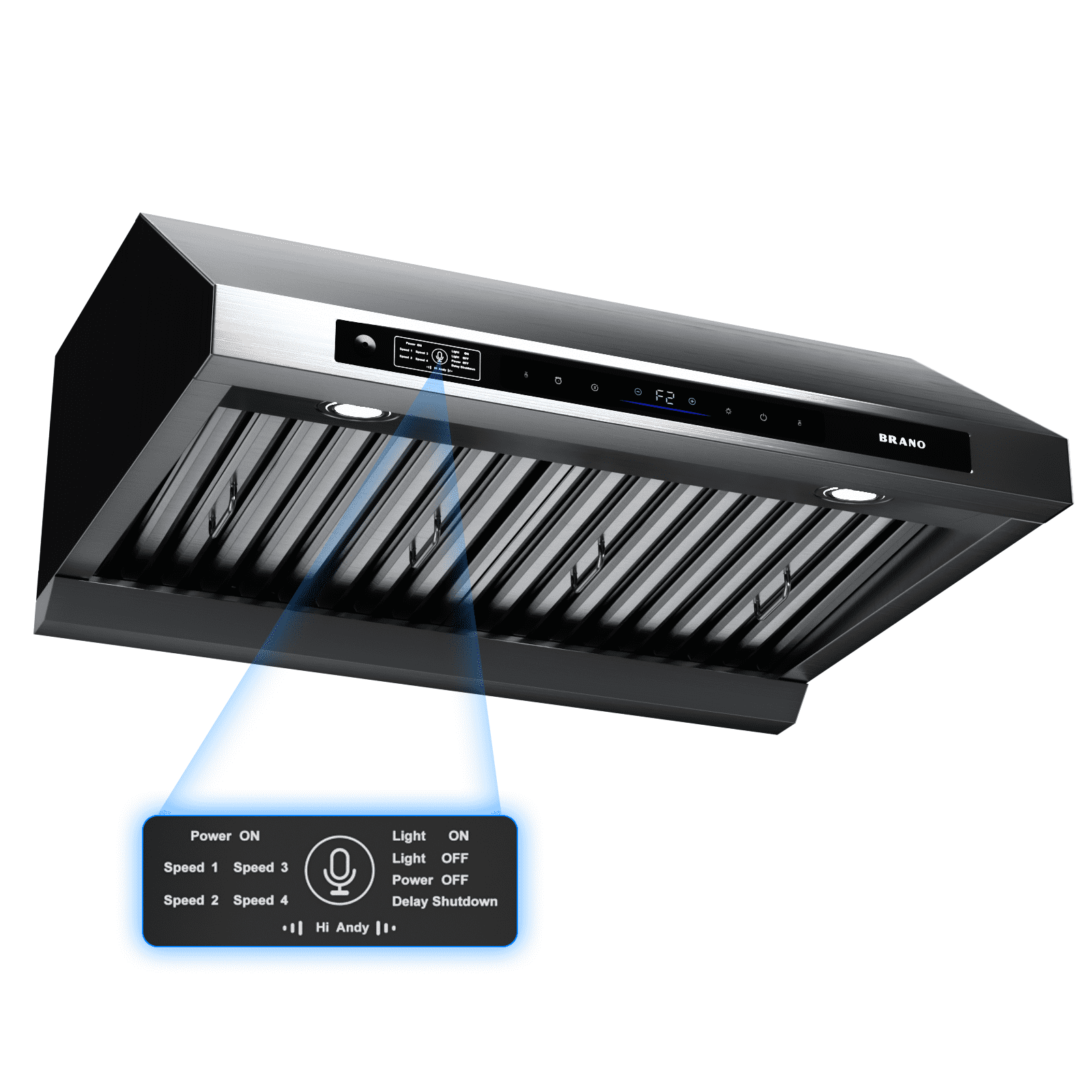 BRANO Under Cabinet Range Hood, 36 Inch, 1200 CFM DC Motor, 6-Speed Ducted Vent Hood, Voice/Gesture/Touch Control, Stainless Steel with PVD Titanium-Plated Finish, 8-Inch Round Duct