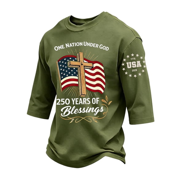 BRANROY 250th Anniversary USA Shirt for Men - 4th of July Shirts Mens Patriotic One Nation Under God 3/4 Sleeve Crew Neck Tee USA 250 Years America Shirt for Independence Day Parade,Army Green,L