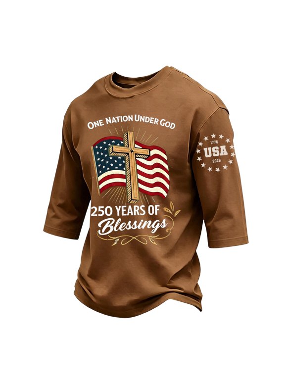 250th Anniversary USA Shirt for Men - 4th of July Shirts Mens Patriotic One Nation Under God 3/4 Sleeve Crew Neck Tee USA 250 Years America Shirt for Independence Day Parade,Brown,XL