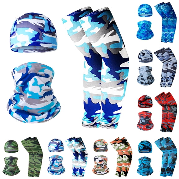 BRANROY Camouflage Compression Sleeves for Men Set - Arm Sleeves for Men UV Protection, Sun Protection Sleeves, Cycling Hat and Face Mask for Outdoor Activities,Light Gray