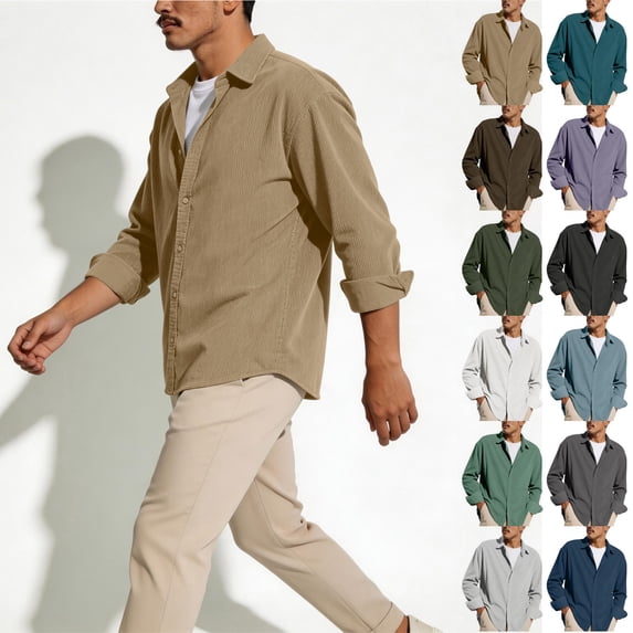 BRANROY Long Sleeve Shirts for Men - Lightweight Breathable Corduroy Button-Front Loose Fit Shirt for All-Day Comfort,Khaki 3XL