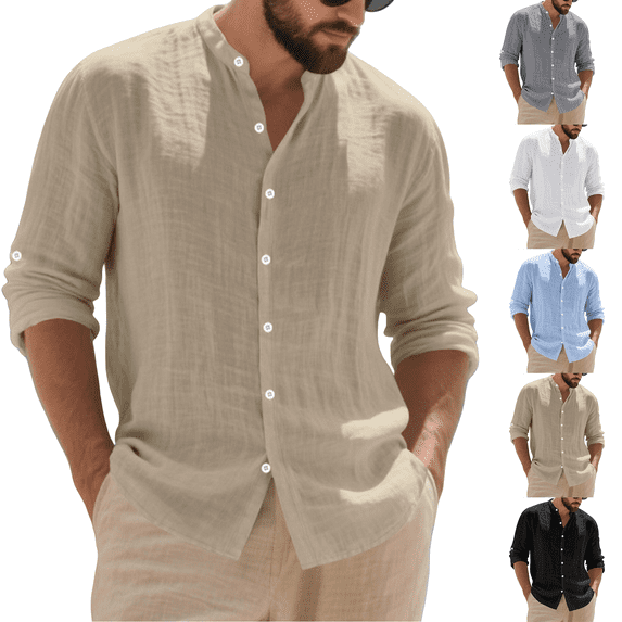 BRANROY Long Sleeve Shirts for Men - Linen Beach Button-Front Solid Stand Collar Shirt for Spring Fall Daily Casual,Light Blue XL