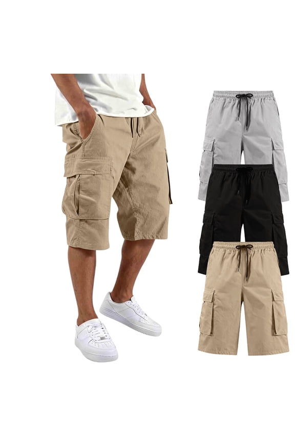 Men's 3-Pack Cargo Shorts Mixed - Color Drawstring Multi-Pocket Casual Shorts for Men, Lightweight Breathable Beach Shorts Summer,Khaki,4XL