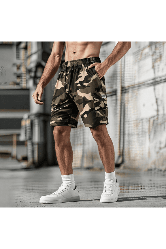 Men's Camo Cargo Shorts Elastic - Waist Cotton Multi-Pocket Casual Shorts for Men, Lightweight Outdoor Hiking Shorts Camouflage,Khaki,S