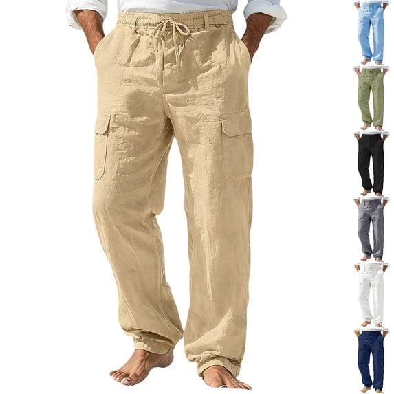 BRANROY Men's Cargo Pants - Cotton Linen Drawstring Elastic Waist Loose Fit Wide Leg Trousers with Multi-Pockets, Casual Summer Hiking Pants for Men,Khaki,S