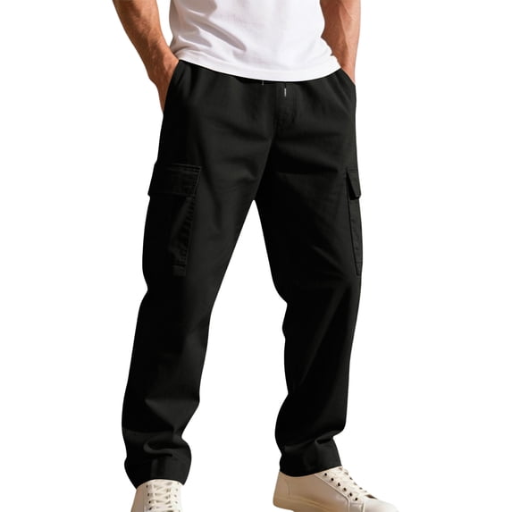 BRANROY Men's Cargo Pants - Elastic Waist Relaxed Work Pants Trousers Sweatpants Straight Leg Multi-Pockets Drawstring Casual Joggers for Outdoor Daily Activities,Black 2XL