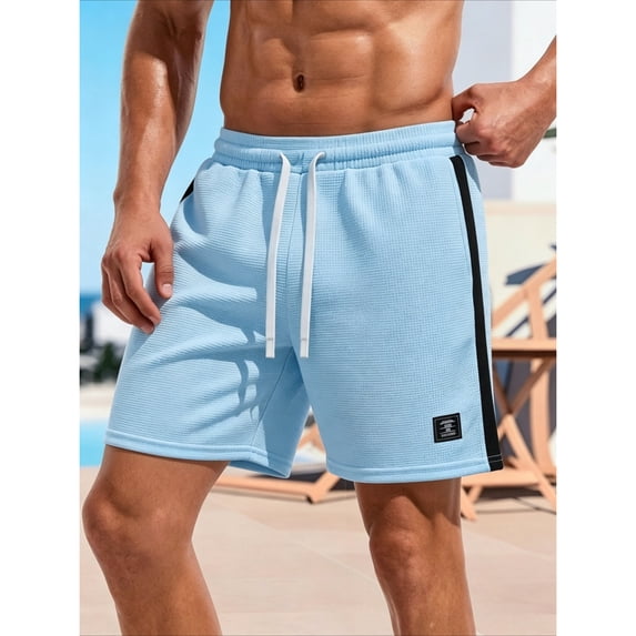 BRANROY Men's Elastic Waist Drawstring Shorts - Side Color-Block Waffle 5-Inch Lightweight Shorts for Men, Running Shorts and Casual Shorts,Sky Blue,2XL