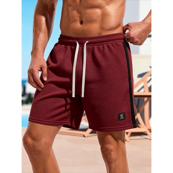 BRANROY Men's Elastic Waist Drawstring Shorts - Side Color-Block Waffle 5-Inch Lightweight Shorts for Men, Running Shorts and Casual Shorts,Wine,M