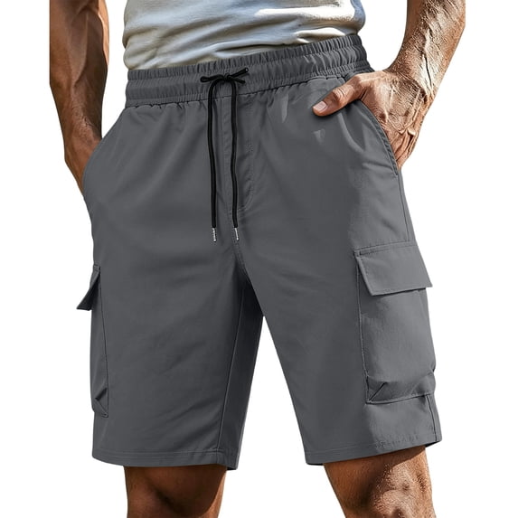 BRANROY Men's Classic Chino Cargo Shorts - Drawstring Elastic Waist Multi-Pocket Casual Shorts for Men, Lightweight Summer Hiking Shorts for Outdoor Daily Wear,Dark Gray,L