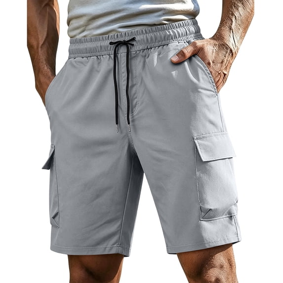 BRANROY Men's Classic Chino Cargo Shorts - Drawstring Elastic Waist Multi-Pocket Casual Shorts for Men, Lightweight Summer Hiking Shorts for Outdoor Daily Wear,Light Gray,M