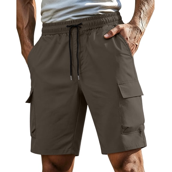 BRANROY Men's Classic Chino Cargo Shorts - Drawstring Elastic Waist Multi-Pocket Casual Shorts for Men, Lightweight Summer Hiking Shorts for Outdoor Daily Wear,Coffee,L