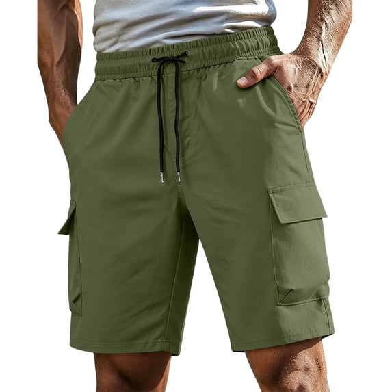 BRANROY Men's Classic Chino Cargo Shorts - Drawstring Elastic Waist Multi-Pocket Casual Shorts for Men, Lightweight Summer Hiking Shorts for Outdoor Daily Wear,Army Green,L