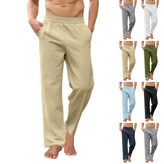 BRANROY Men's Cotton Linen Pants - Stretch Elastic Drawstring Waist Straight Leg Casual Trousers with Pockets, Relaxed Fit Summer Beach Pants for Men,Army Green,L