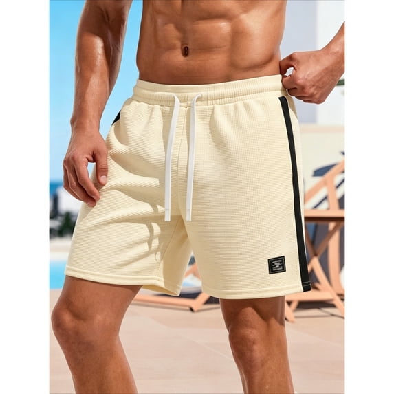 BRANROY Men's Elastic Waist Drawstring Shorts - Side Color-Block Waffle 5-Inch Lightweight Shorts for Men, Running Shorts and Casual Shorts,Khaki,2XL