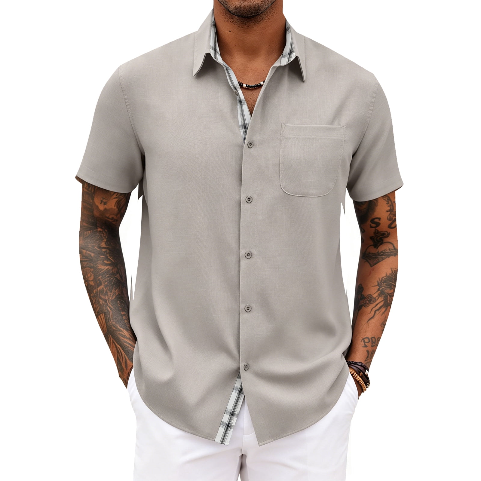 BRANROY Men's Short Sleeve Collared Shirts - Loose Casual Outdoor Solid ...