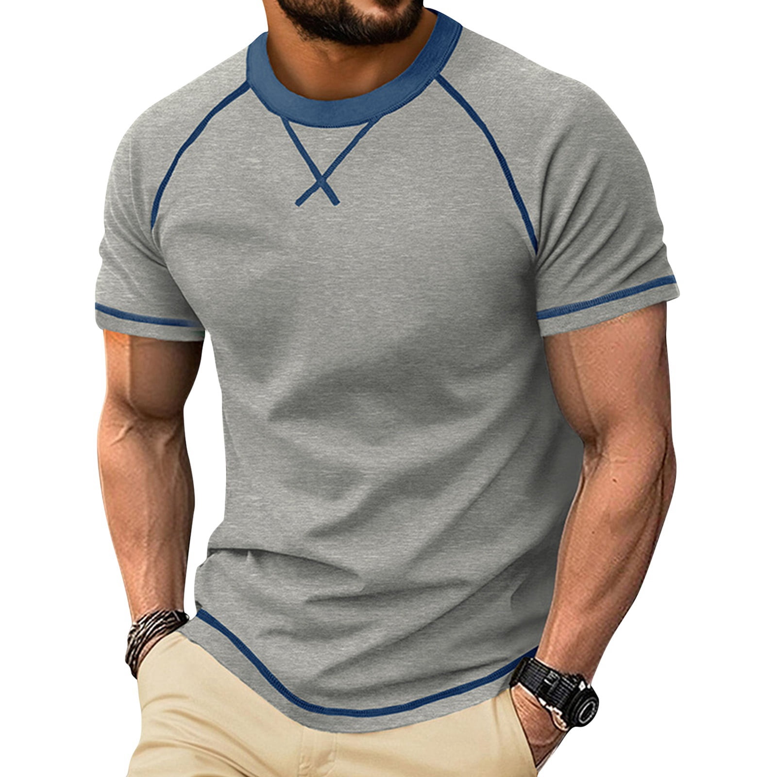 BRANROY Men's Short Sleeve Round Neck Basic Color-Blocked Top - Solid ...