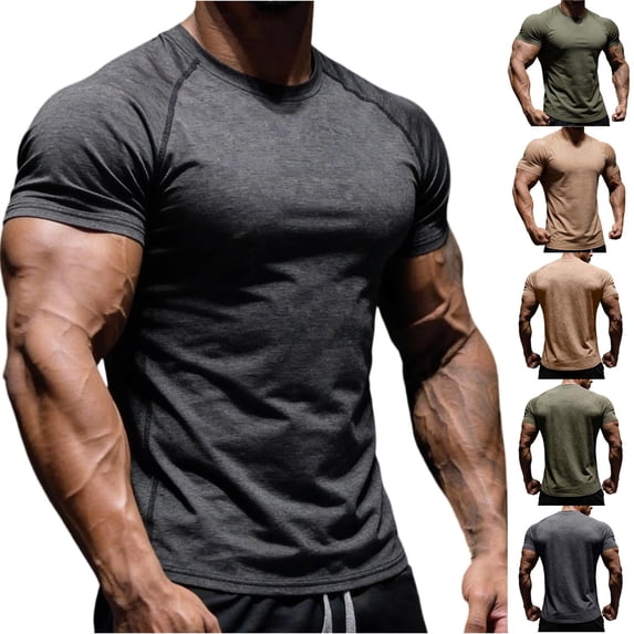 BRANROY Men's Short Sleeve T-Shirt Crew Neck - Solid Workout Gym Shirts for Men Summer Casual Breathable Slim Fit Muscle Tee,Khaki 2XL