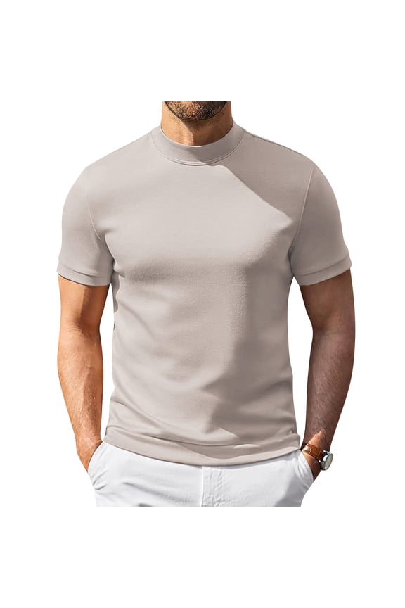 Men's Short Sleeve T-Shirt Mock Neck - Breathable Stretch Pullover Summer Casual Shirts for Men Slim Fit Daily Wear Essential,Complexion S