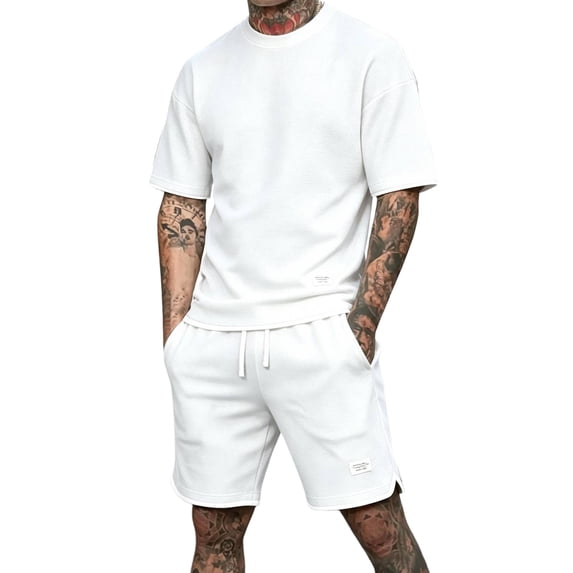BRANROY Men's Summer Outfits 2 Piece - Solid Waffle Faux Layered Short Set, Tracksuit for Men with Crew Neck Tee & Shorts,White,L