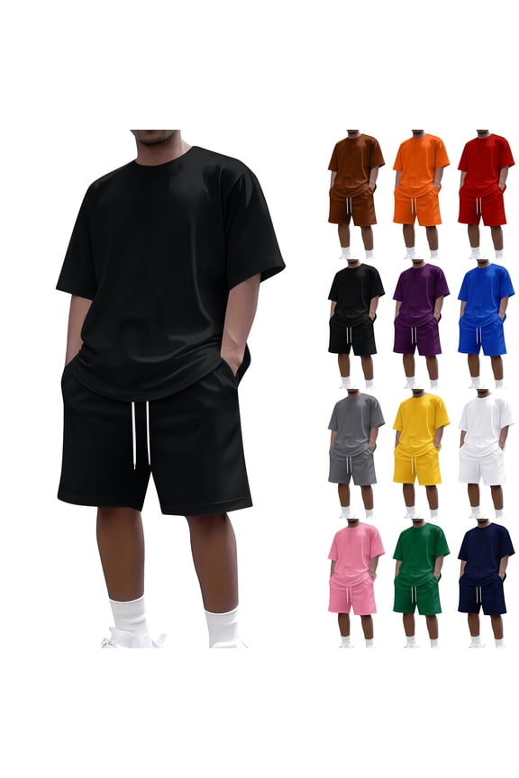 Men's Summer Outfits Solid Crewneck Short Sleeve Tee with Drawstring Shorts Set Relaxed Fit Breathable Two Piece Loungewear,Black M