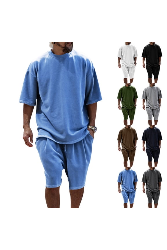 Men's Two Piece Outfit French Terry Short Sleeve Shorts Set Loose Fit Casual Summer Outfit Lightweight Breathable Loungewear,White L