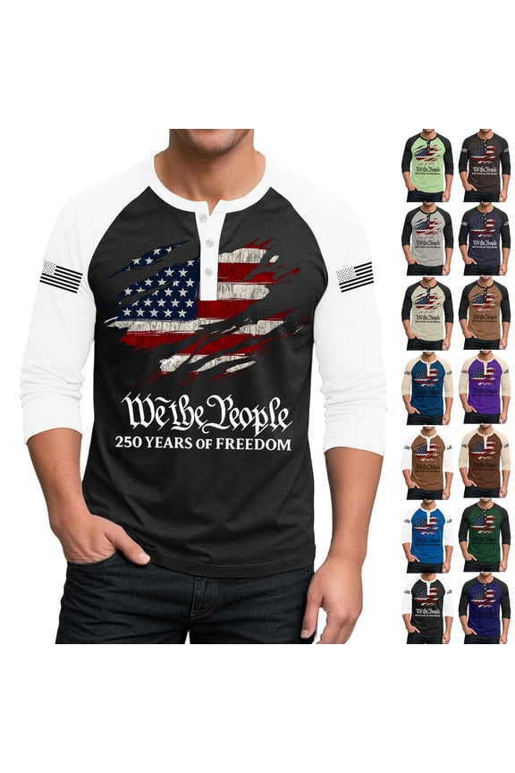 Mens 250th Anniversary USA Shirt - We The People 250 Years of Freedom 4th of July Henley Neck Contrast Raglan 3/4 Sleeve Athletic Jersey for Men America 250 Celebration,Blue,XL