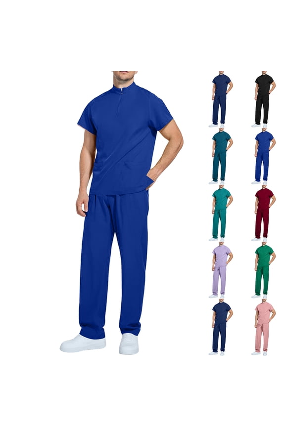 Mens Casual Scrubs Uniform Set - Solid Color Short Sleeve Top and Long Pants for Nurse, Relaxed Fit Comfortable Workwear Scrubs for Men,Blue,M