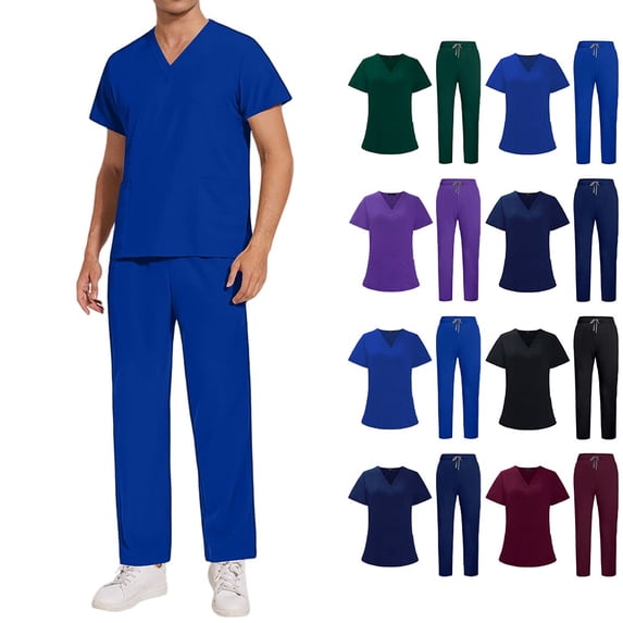 BRANROY Mens Scrubs Set with Drawstring Pant - V-Neck Solid Color Short Sleeve Top and Long Pants Pockets, Nurse Scrubs Uniform for Caregiver Work,Royal Blue,S