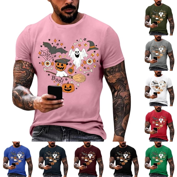 BRANROY Mens Short Sleeve Halloween Print Shirt - Casual T-Shirt Lightweight Tee, Breathable Graphic Top for Men, T Shirts for Men, Mens Funny Design Summer Shirts ,Green,L
