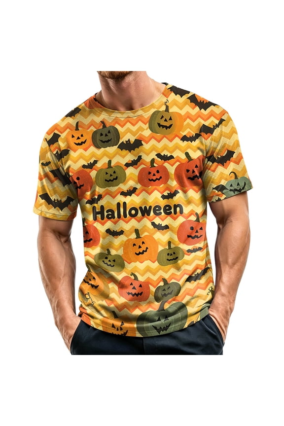 Mens Summer Shirts Halloween Round Neck - Short Sleeve Breathable Lightweight, Tshirts Shirts for Men Pumpkin Ghost Print, Mens T-Shirts for Horror Party,Yellow,M