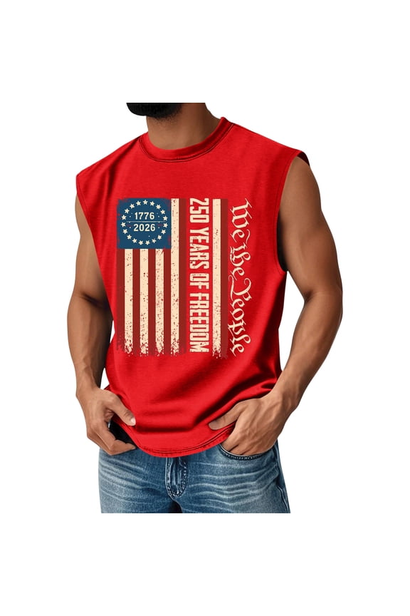 Mens Tank Tops Summer - Sleeveless Shirts for Men 250th Anniversary Flag Tank Tops Man 4th of July Patriotic Graphic Sleeveless Tops,Red,2XL