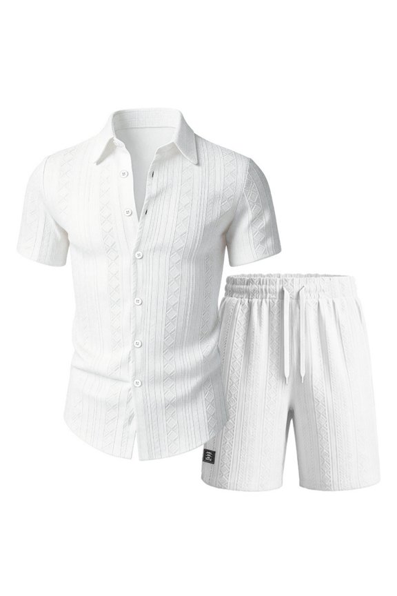 Vacation Set Men's Casual Fashionable Jacquard Short-Sleeve Loose-Fitting Shirt and Shorts Set – Resort Set,White,S