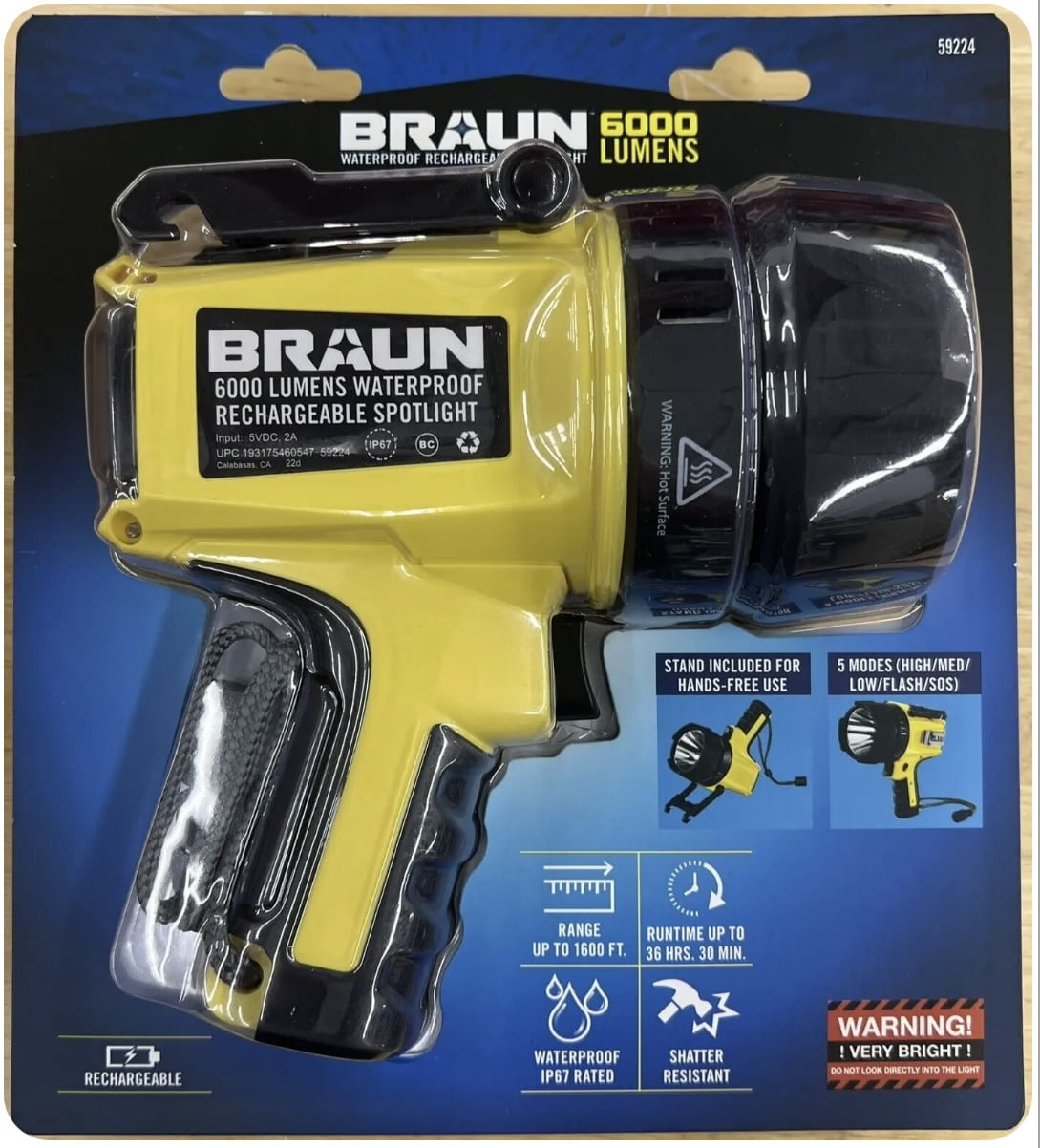 BRAUN 6000 Lumen Rechargeable Spotlight, LED, Waterproof, Handheld