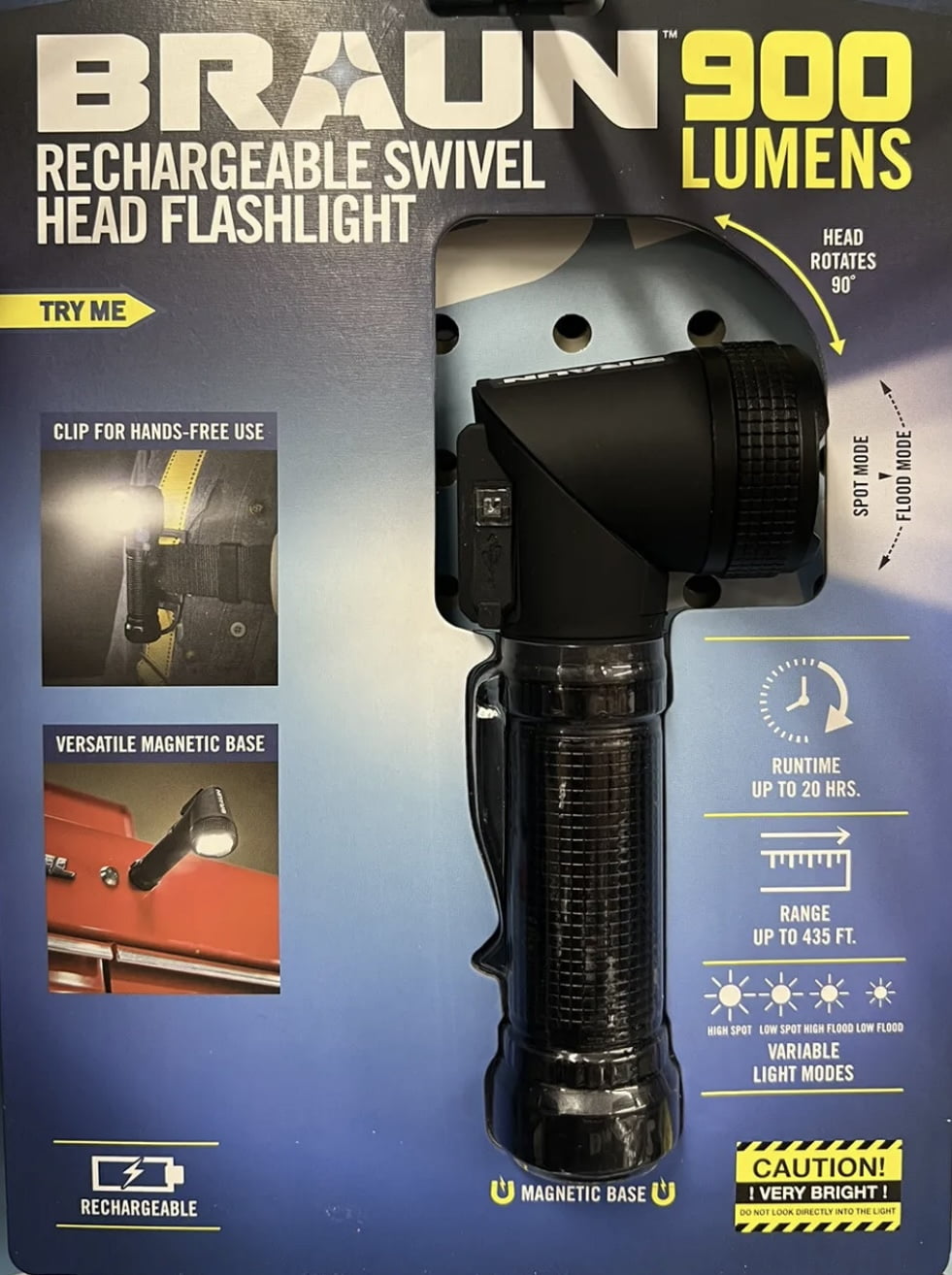 BRAUN 900 Lumen Rechargeable Swivel Head LED Flashlight