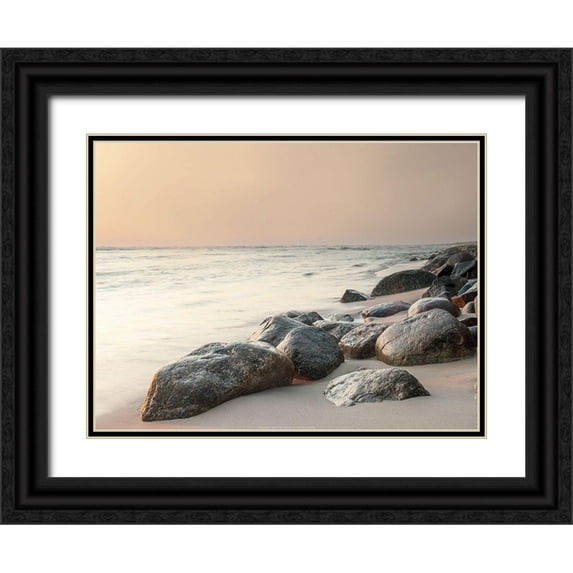 BRAUN Studio 32x25 Black Ornate Wood Framed with Double Matting Museum Art Print Titled - Rochers sur la plage