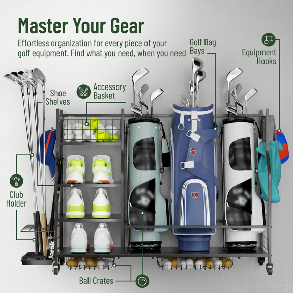 BRAVETRA Golf Bag Storage Rack Garage Organizer Holds 3 Bags with Shoe Rack & Wheels