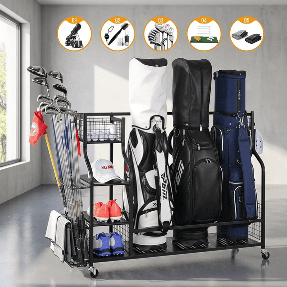 Unbranded Golf Bag Storage Rack Garage Organizer Holds 3 Bags with Shoe Rack & Wheels, 47.24 in L x 17.7 in W x 39.96 in H, 1-Pack