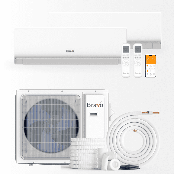 BRAVO 18,000 BTU Dual Zone 12000 + 12000 BTU Wall Mount Ductless Mini Split A/C and Heater with 16ft Installation Kits