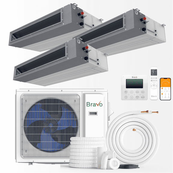 BRAVO 30,000 BTU 3 Zone 9000 + 9000 + 12000 BTU Concealed Duct Mini Split A/C and Heater with 25ft Installation Kits