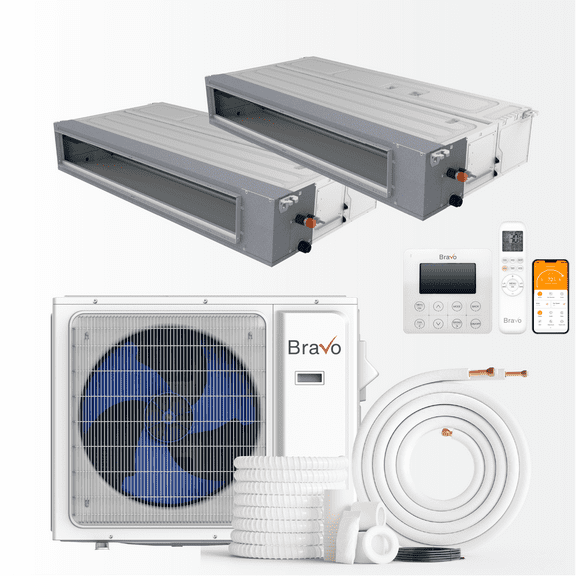 BRAVO 30,000 BTU Dual Zone 9000 + 24000 BTU Concealed Duct Mini Split A/C and Heater with 16ft Installation Kits