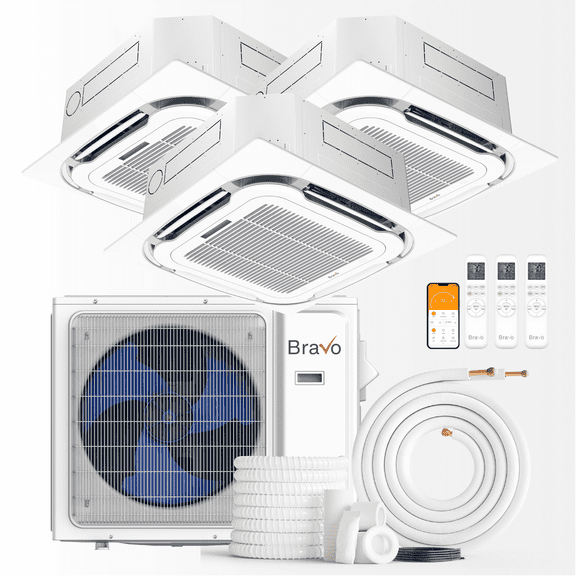 BRAVO 36,000 BTU 3 Zone 12000 + 12000 + 12000 BTU Ceiling Cassette Ductless Mini Split A/C and Heater with 25ft Installation Kits